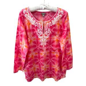 J. JILL Pink Orange Tie Dye Tunic Top Embroidered Boho Cotton | Petite Medium
